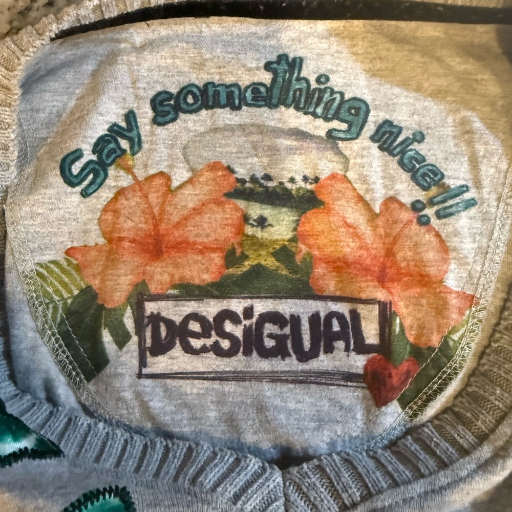 Desigual Gray Sweater with Orange Floral Print